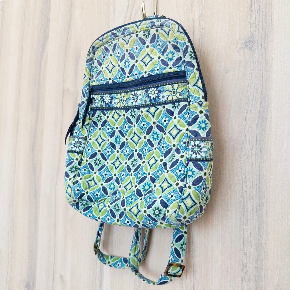 Vera Bradley Daisy Daisy Quilted Backpack Blue Green Geometric Floral Boho Artsy